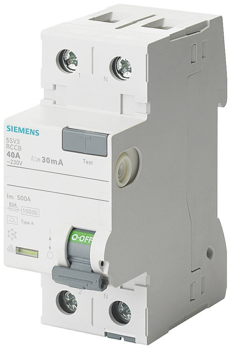 Ein zweipoliger Leitungsschutzschalter von Siemens, Modell 5SV3, RCB, 40 A, zeigt Schalterstatus 'OFF' und eine Testtaste.