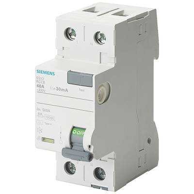 Ein zweipoliger Leitungsschutzschalter von Siemens, Modell 5SV3, RCB, 40 A, zeigt Schalterstatus 'OFF' und eine Testtaste.