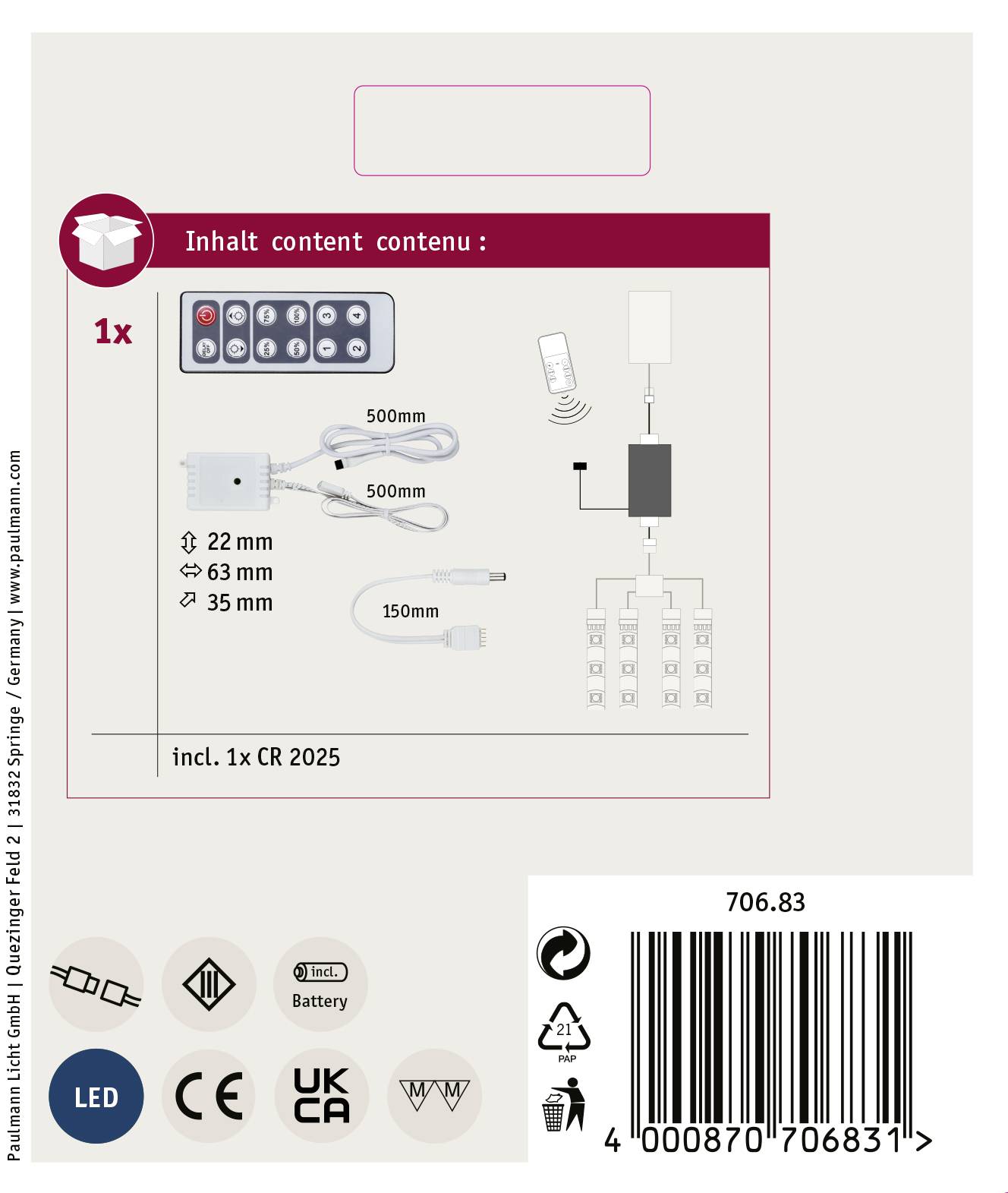 'Inhalt: Fernbedienung, Batterien, LED-Controller, Verbindungskabel, Bedienungsanleitung, Etikett mit Barcode und Sicherheitshinweisen.'