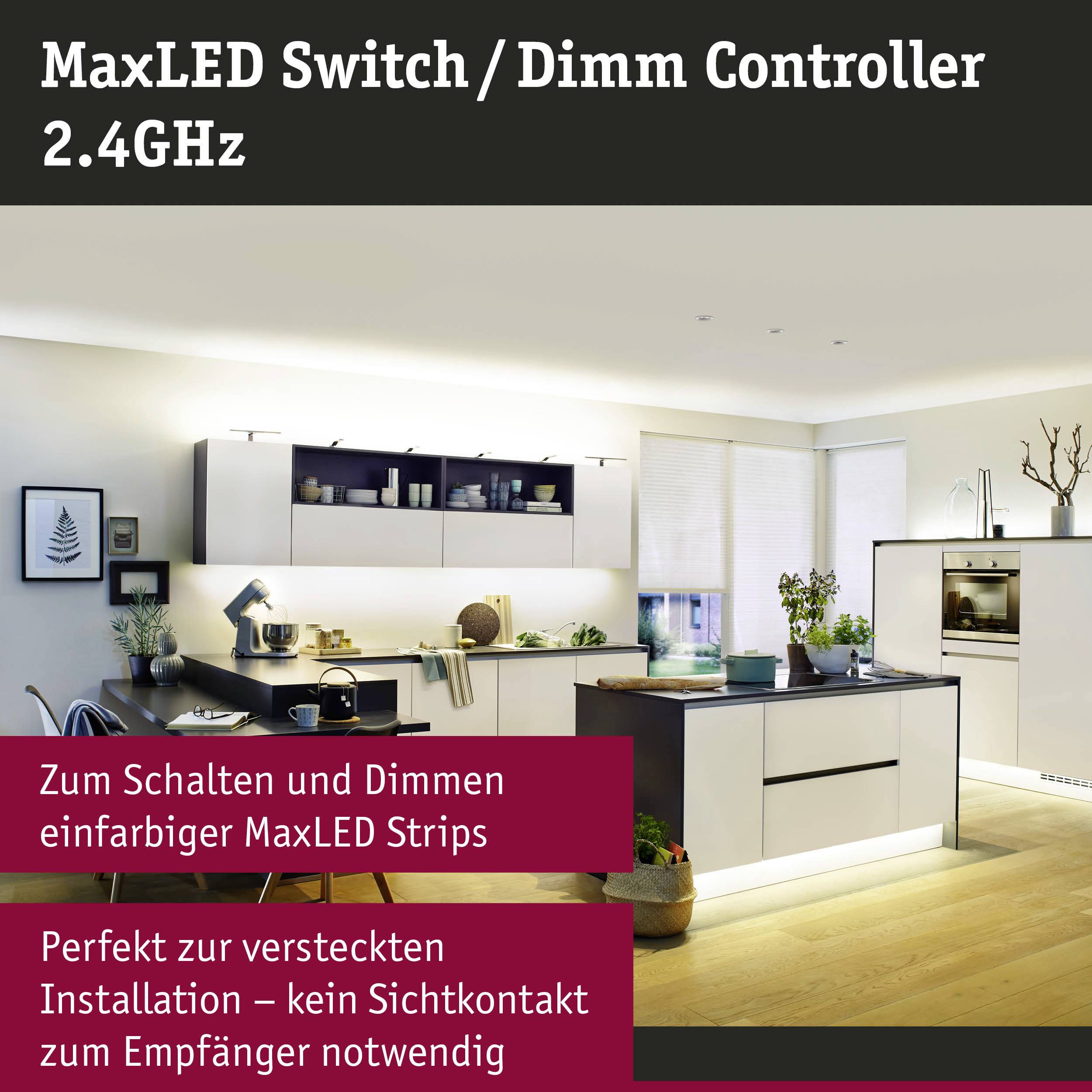 Ein moderner Wohnbereich mit stilvoller Küche. Text beschreibt 'MaxLED Switch/Dimm Controller 2.4GHz' und seine Funktionen.