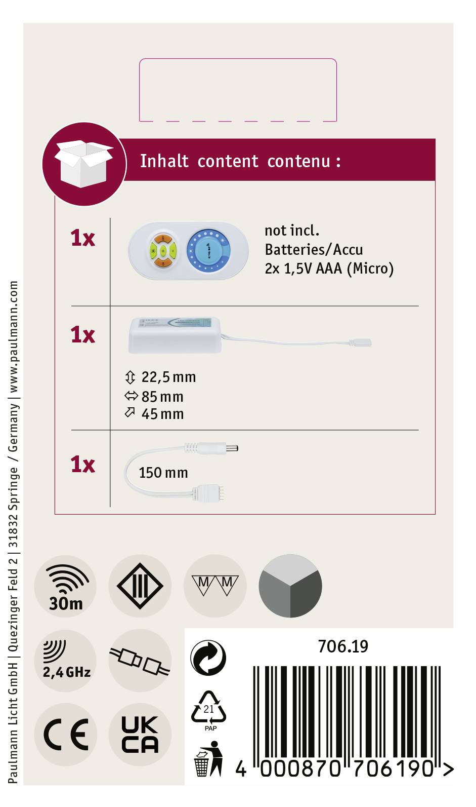 'Verpackungsrückseite mit Produktabbildungen: LED-Leuchte, Fernbedienung und USB-Kabel. Batterien nicht inklusive.'