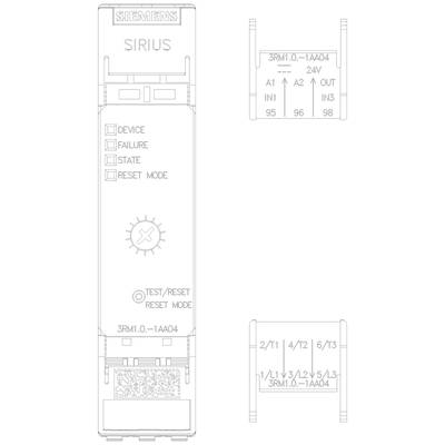 Siemens SIRIUS Gerät mit Statusanzeigeoptionen für 'DEVICE', 'FAILURE', 'STATE', und 'RESET MODE'. Seitliche Ansicht mit Anschlussdetails.