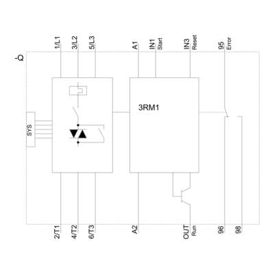 'Schaltplan eines Systems mit zwei Modulen: SYS mit Anschlüssen 1/L1 bis 5/L3 und 3RM1 mit Anschlüssen A1, A2, IN1, IN3, OUT.'
