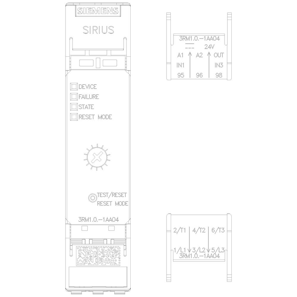 'Technische Zeichnung eines Siemens SIRIUS Geräts. Enthält Schaltbild mit Anschlüssen und Tasten, sowie Details zum Modell 3RM1.0-1AA04.'