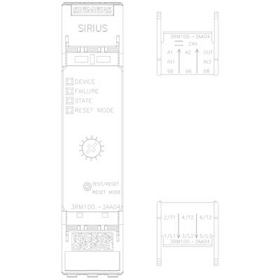 Ein Steuergerät von Siemens mit Tasten für 'DEVICE', 'FAILURE', 'STATE', 'RESET MODE'. Oben steht 'SIRIUS'. Modellnummer: 3RM100-3AA04.