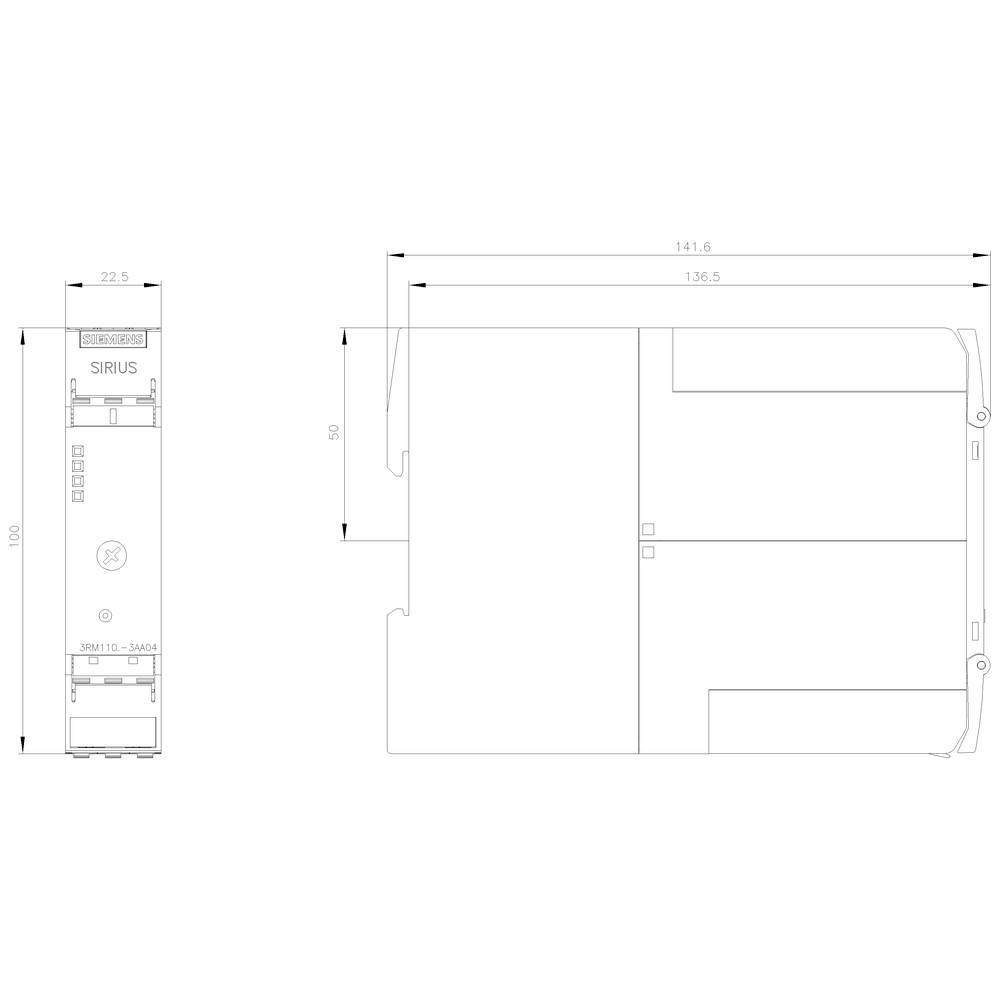'Technische Zeichnung eines elektronischen Geräts mit Abmessungen: Höhe 100 mm, Breite 22,5 mm, Tiefe 136,6 mm. Seitlicher Schnitt zeigt interne Layout.'