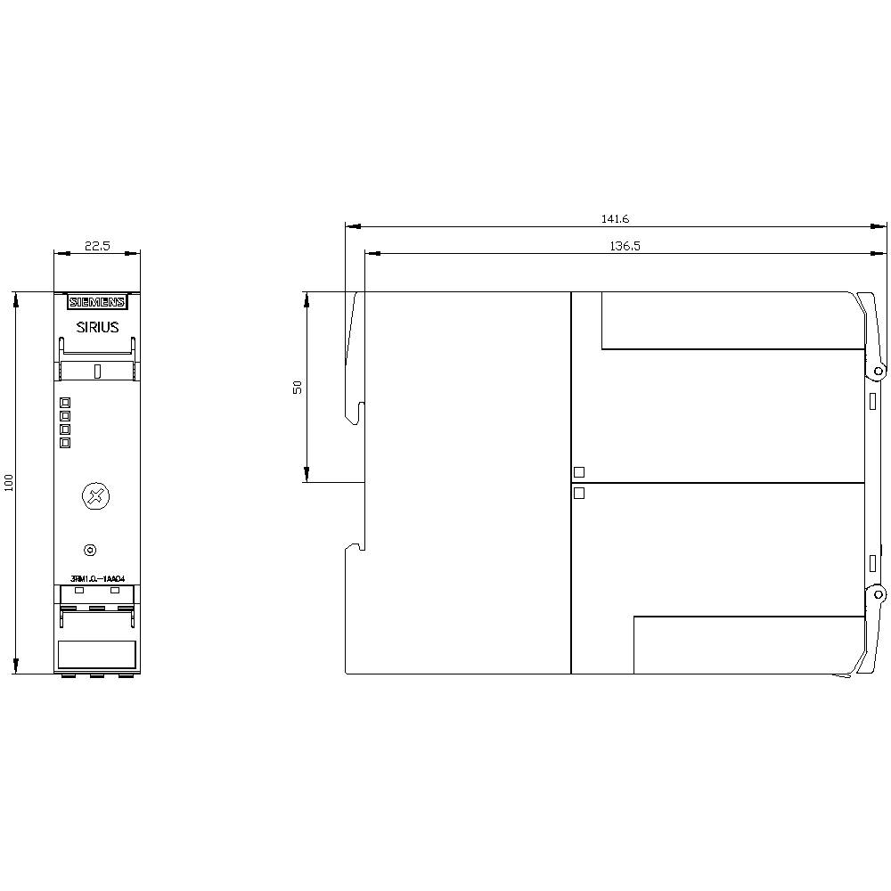 Technische Zeichnung eines elektrischen Bauteils mit Maßen: Höhe 110mm, Breite 22,5mm, Tiefe 141,6mm. Hauptaufbau und Anschlüsse dargestellt.