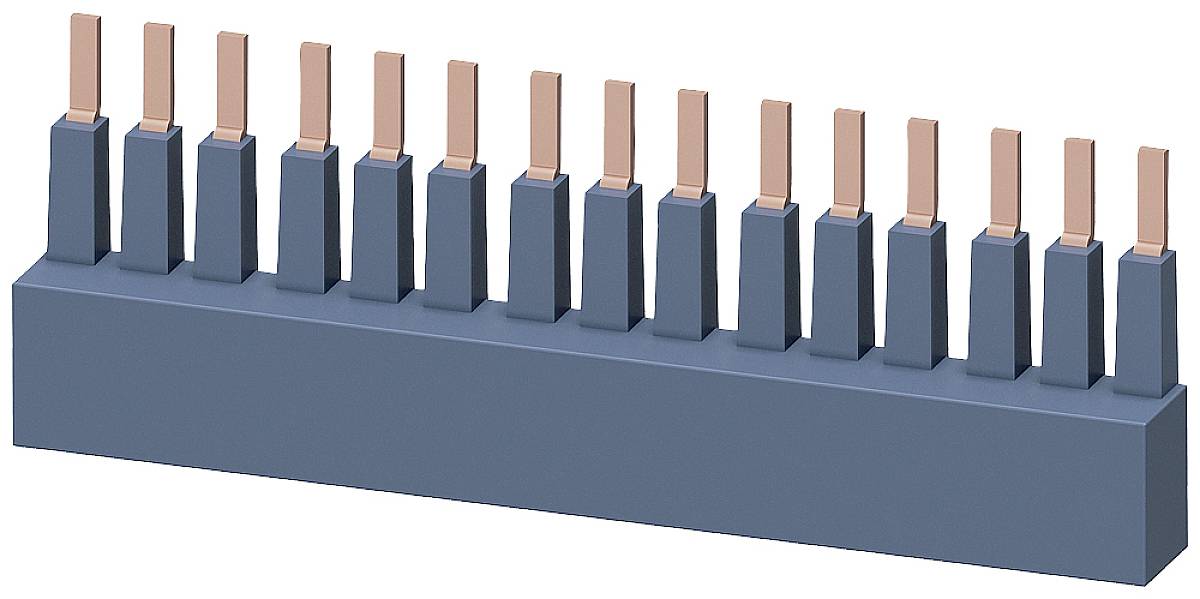 Eine Reihe von 15 vertikalen, rechteckigen Kupferpins auf einer horizontalen blauen Basis, vermutlich Teil eines elektrischen Steckverbinders.