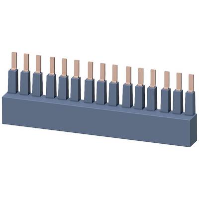 Eine Reihe von 15 vertikalen, rechteckigen Kupferpins auf einer horizontalen blauen Basis, vermutlich Teil eines elektrischen Steckverbinders.