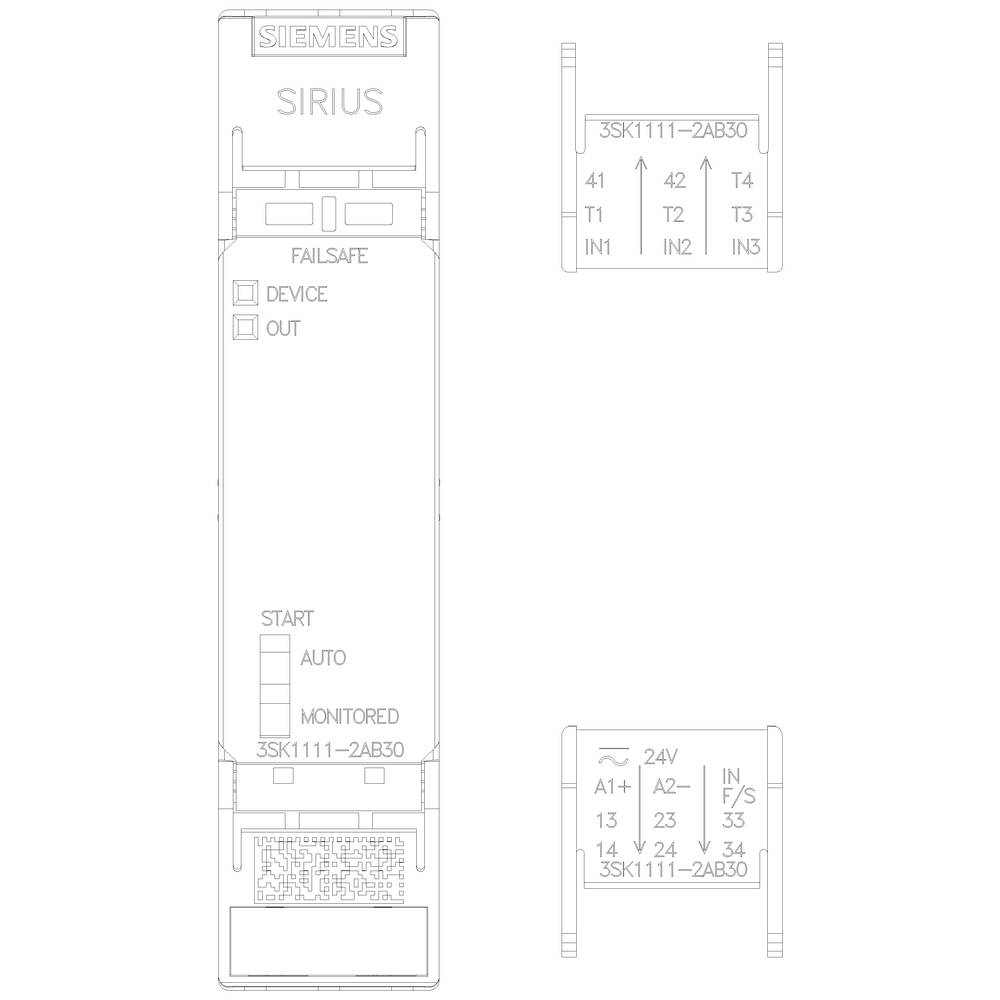 Diagramm eines Siemens SIRIUS Geräts mit Anschlusspunkten. Zeigt Beschriftungen für Failsafe, Device und Out sowie Start- und Auto-Tasten.
