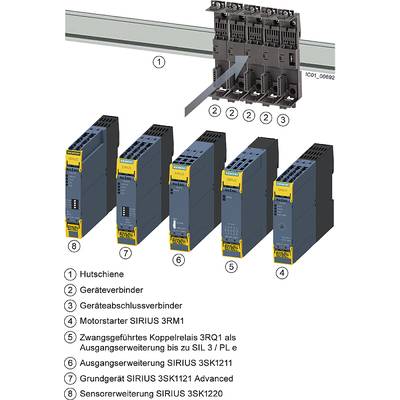 'Abbildung zeigt acht elektronische Bauteile (1-8): Geräte mit verschiedenen Steuerungsfunktionen, wie Schaltgerät und Sensorerweiterung, auf einer Schiene montiert.'