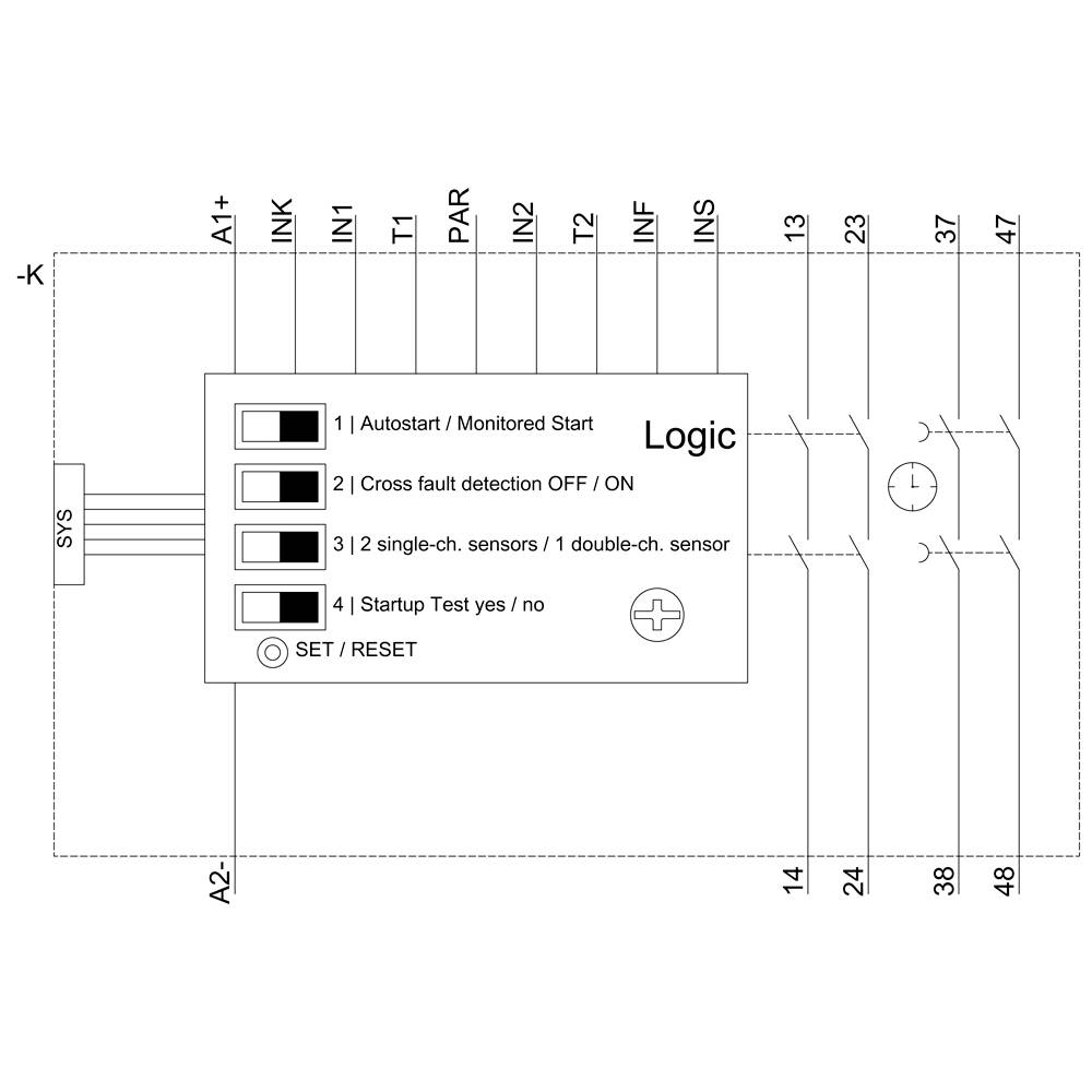 Ein Diagramm zeigt eine Logikschaltung mit Eingängen A1+, A2-, K, IN1-4 und Ausgängen 13-47. Funktionen: Autostart, Kreuzfehlerschutz.
