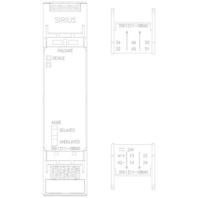'Schaltgerät Abbildung mit Siemens SIRIUS-Label. Zeigt Failsafe Optionen, Betriebsmodi: verzögert/unverzögert. Modell: 3SK1211-1BB40.'