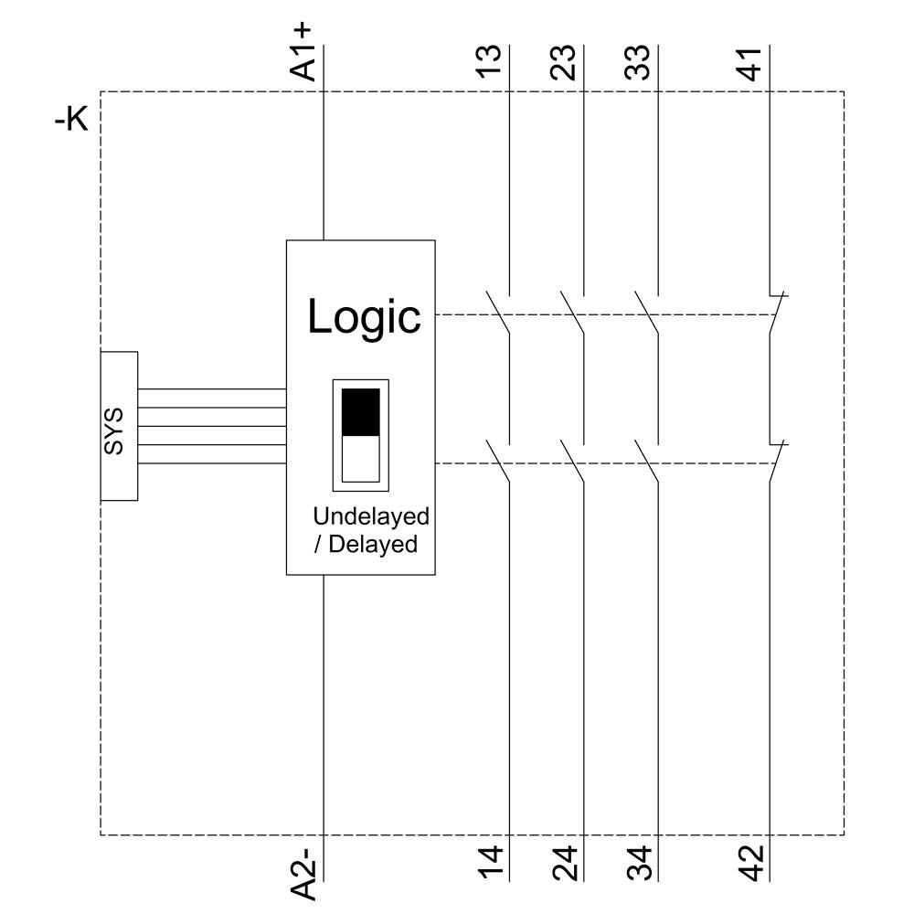 'Diagramm zeigt eine elektronische Schaltung mit Logikmodul, das Signale von A1+ und A2- durch Verzögerung an die Ausgänge 13, 23, 33, 41, 14, 24, 34, 42 leitet.'