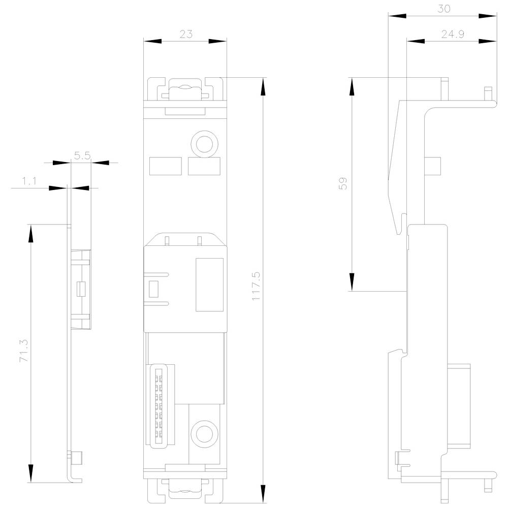 Technische Zeichnung eines elektronischen Geräts mit detaillierten Bemaßungen. Vorderansicht zeigt Höhe 117,5 mm; Seitenansicht 71,3 mm.