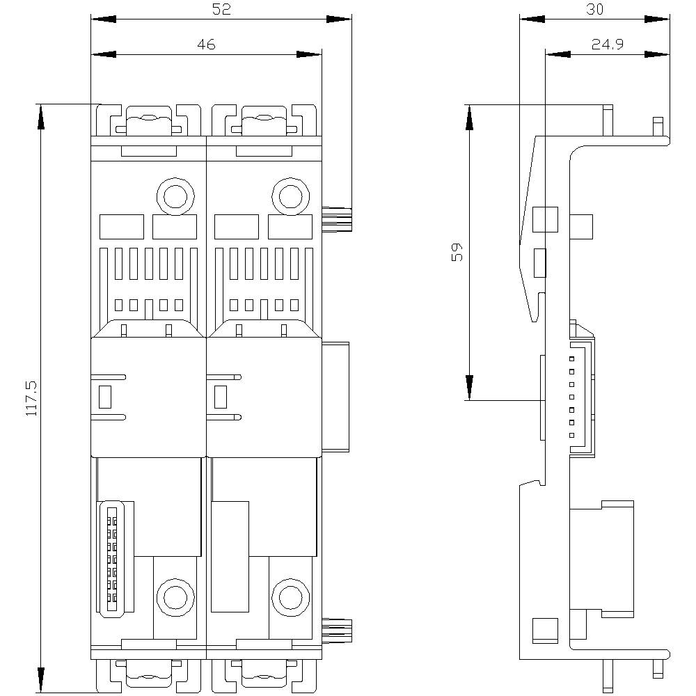 Technische Zeichnung eines elektrischen Bauteils mit Maßen: Breite 52mm, Höhe 117,5mm, Tiefe 59mm. Zeigt Vorder- und Seitenansicht.