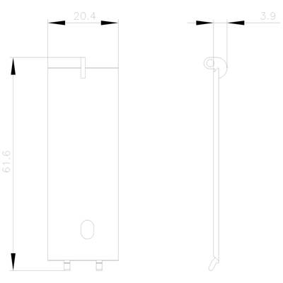 Technische Zeichnung eines rectangularen Tanks mit Maßen: Höhe 61,6, Breite 20,4, Haken rechts, Breite 3,9.