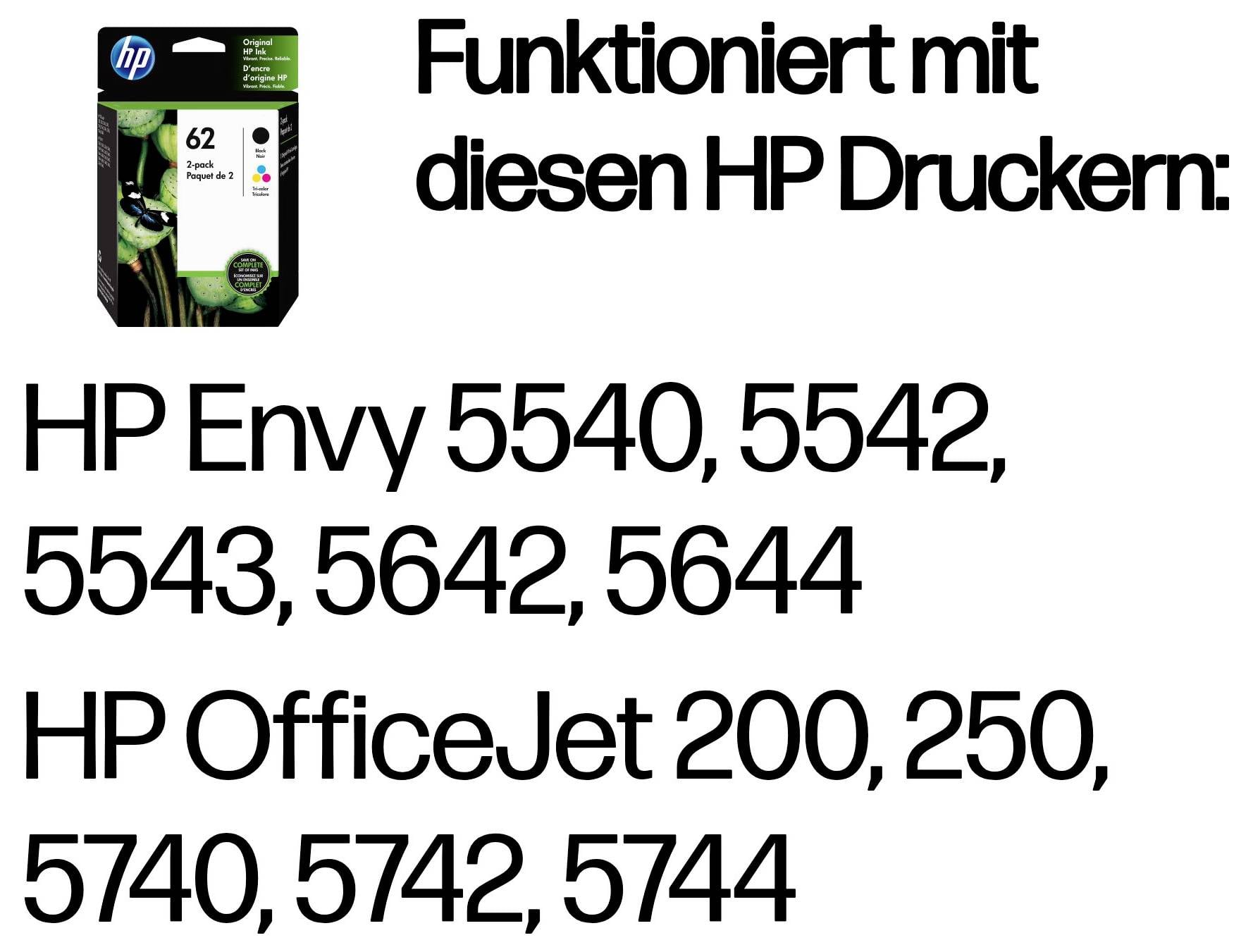HP-Tintenpatronen-Verpackung mit deutschem Kompatibilitätstext: „Funktioniert mit diesen HP Druckern:" und den Druckermodellen Envy 5540, 5542, 5543, 5642, 5644; OfficeJet 200, 250, 5740, 5742, 5744.