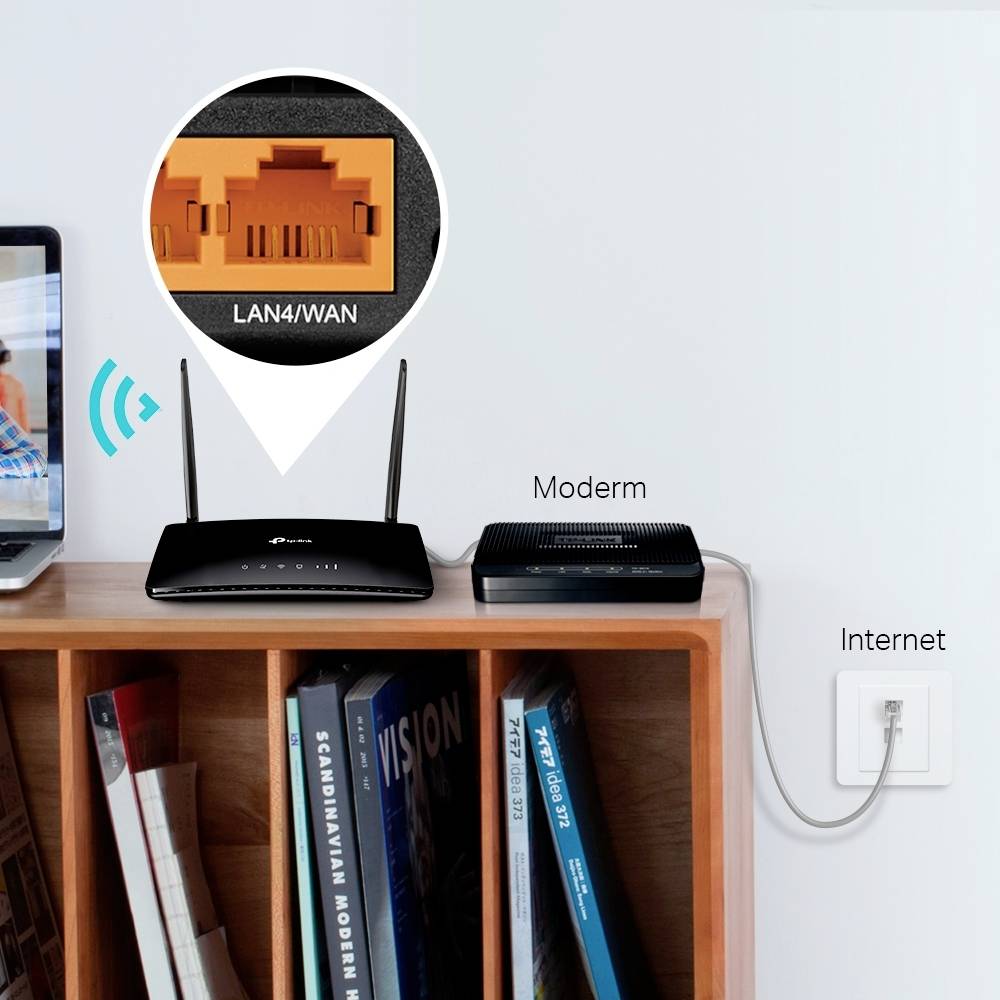 Ein Router und ein Modem auf einem Regal. Der Router hat ein hervorgehobenes WAN/LAN4-Port, das mit dem Internet verbunden ist.