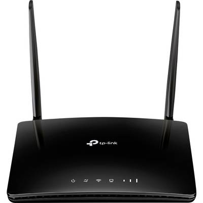 Ein schwarzer TP-Link WLAN-Router mit zwei Antennen und mehreren Leuchtanzeigen auf der Vorderseite.