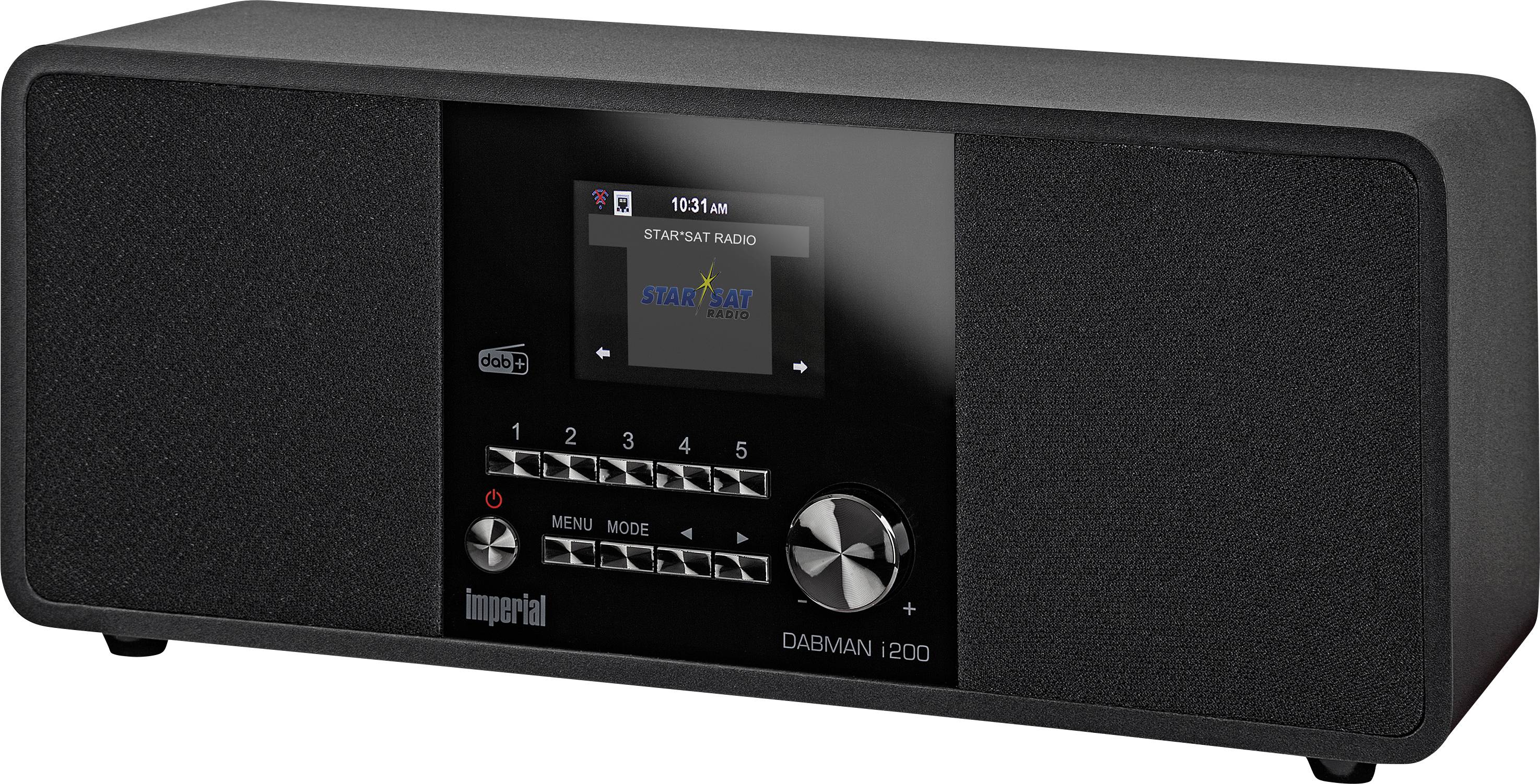 Ein schwarzes Digitalradio mit rechteckiger Form, Display in der Mitte zeigt 'Star FM Radio', Bedienknöpfe darunter, Lautsprecher an den Seiten.