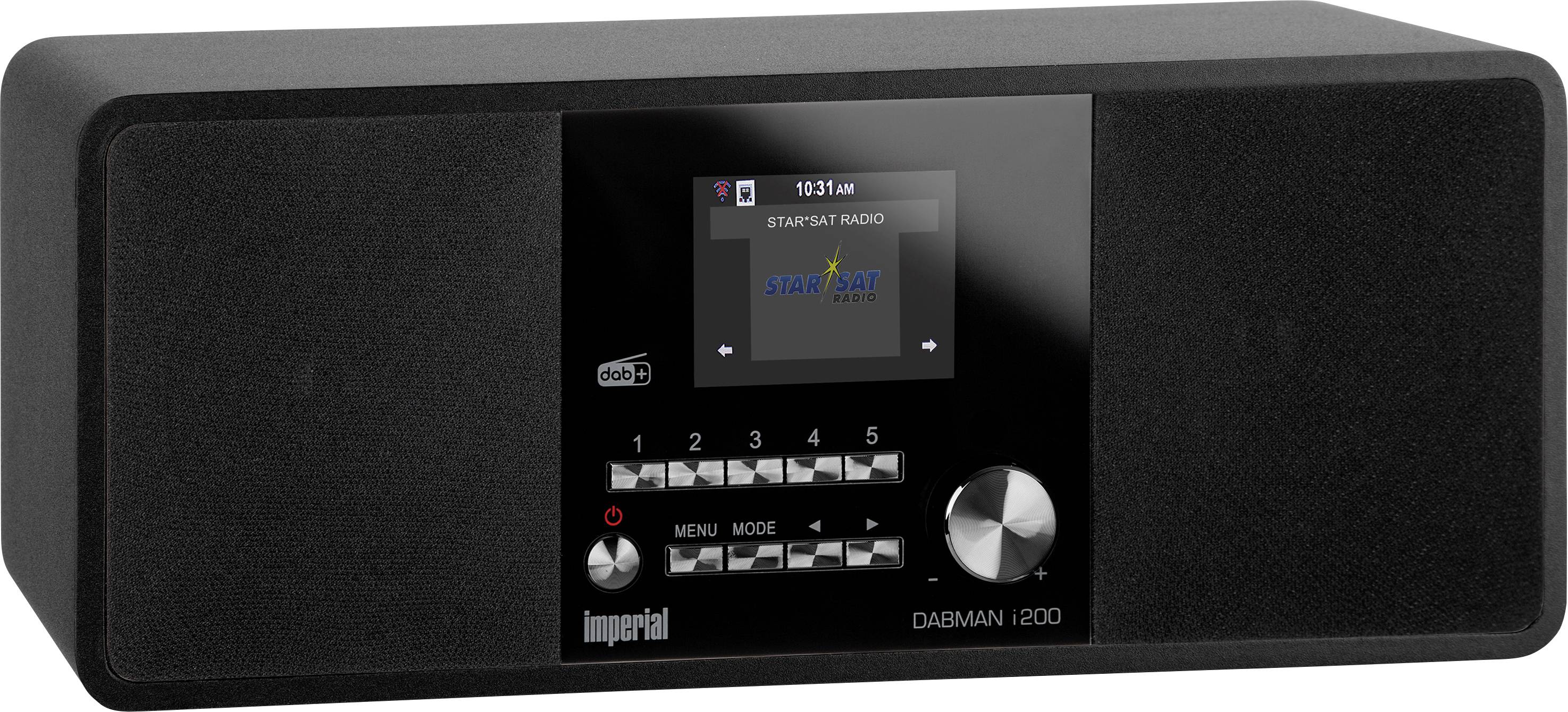 Ein rechteckiges DAB-Radio mit Display in der Mitte, Knöpfe darunter. Zeigt 'STAR*SAT RADIO' auf dem Bildschirm an.