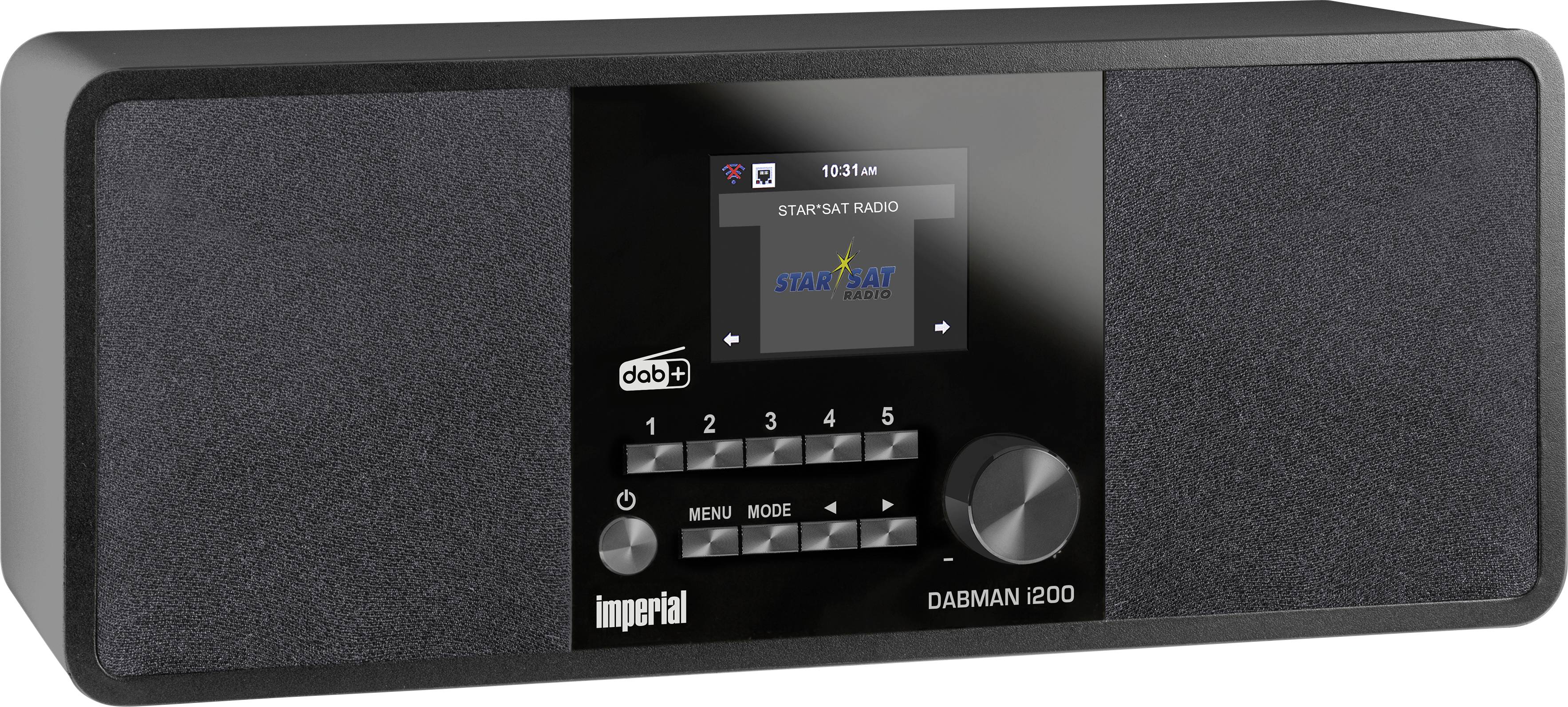 Ein schwarzes DAB+ Radio mit digitalem Display, das aktuell 'Star Sat Radio' anzeigt. Es hat Tasten zur Bedienung und einen Lautstärkeregler.