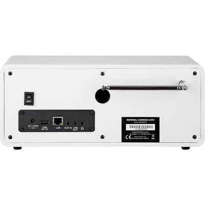 Die Rückseite eines elektronischen Geräts mit einem Netzschalter, USB-Anschluss, LAN-Anschluss, AUX-IN- und Line-Out-Anschlüssen.