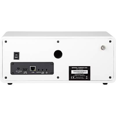 Rückansicht eines elektronischen Geräts mit Anschlüssen für LAN, USB, AUX und Line-Out sowie Ein-/Ausschalter.