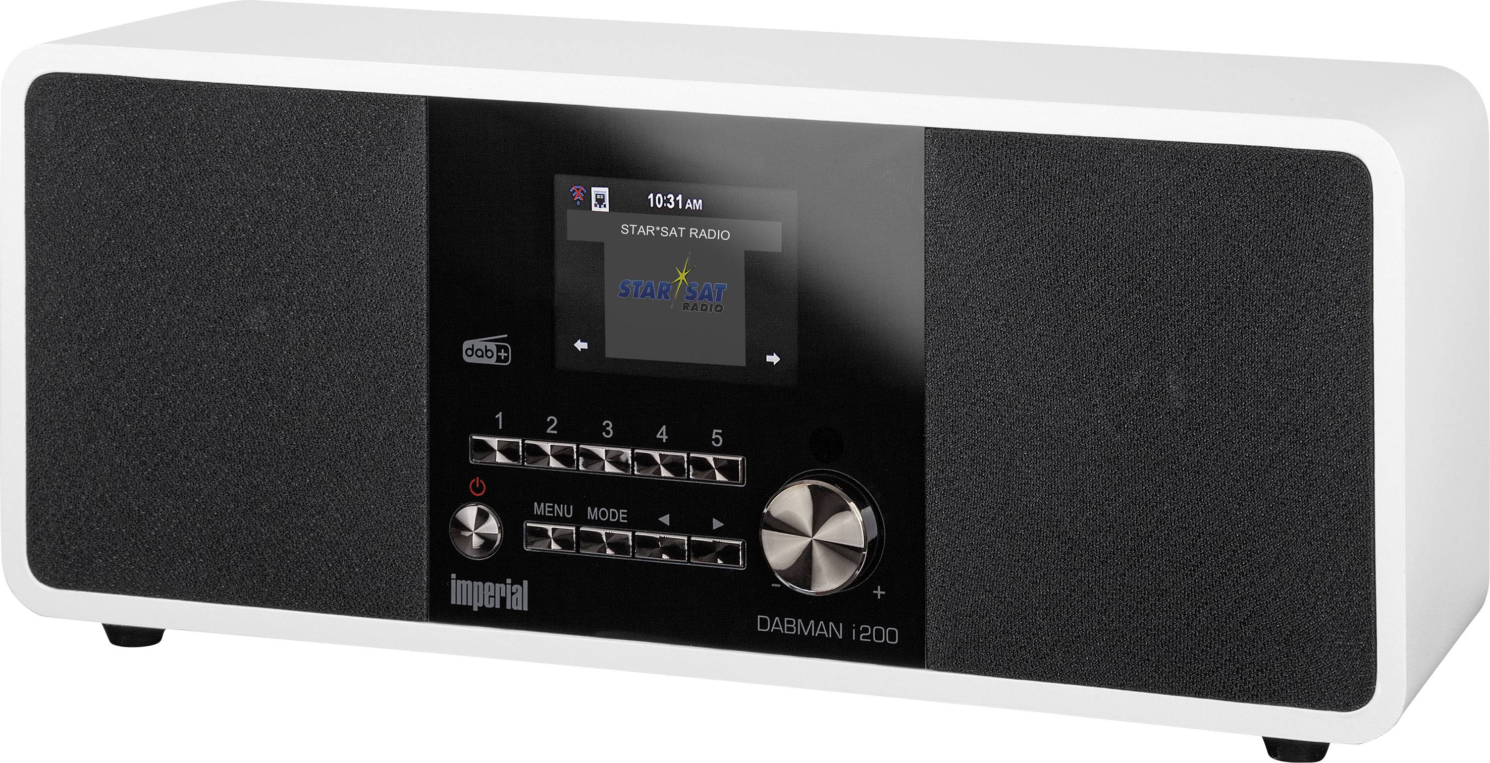 Ein weißer DAB+ und Internetradio-Receiver mit schwarzem Frontpanel und Display zeigt den Sender 'StarSat Radio'.