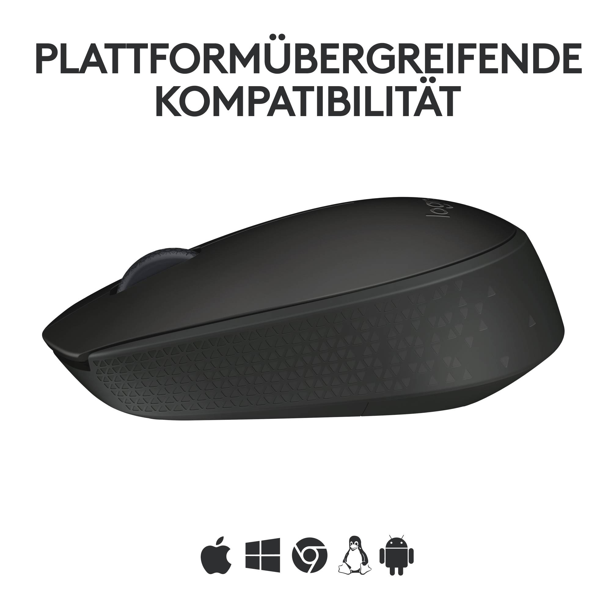 Eine schwarze Computermaus mit Text 'Plattformübergreifende Kompatibilität'. Symbole: Apple, Windows, Chrome, Linux.