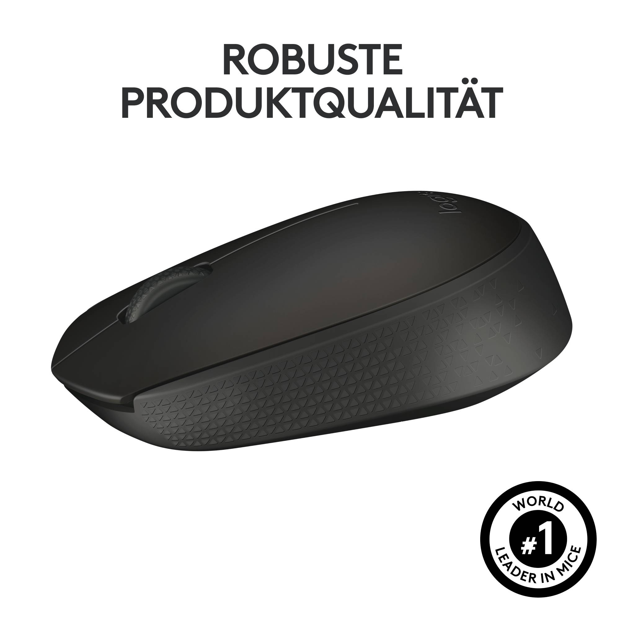 Schwarze Computermaus mit Text 'Robuste Produktqualität'. Unten rechts ein Abzeichen mit 'World #1 Leader in Mice'.