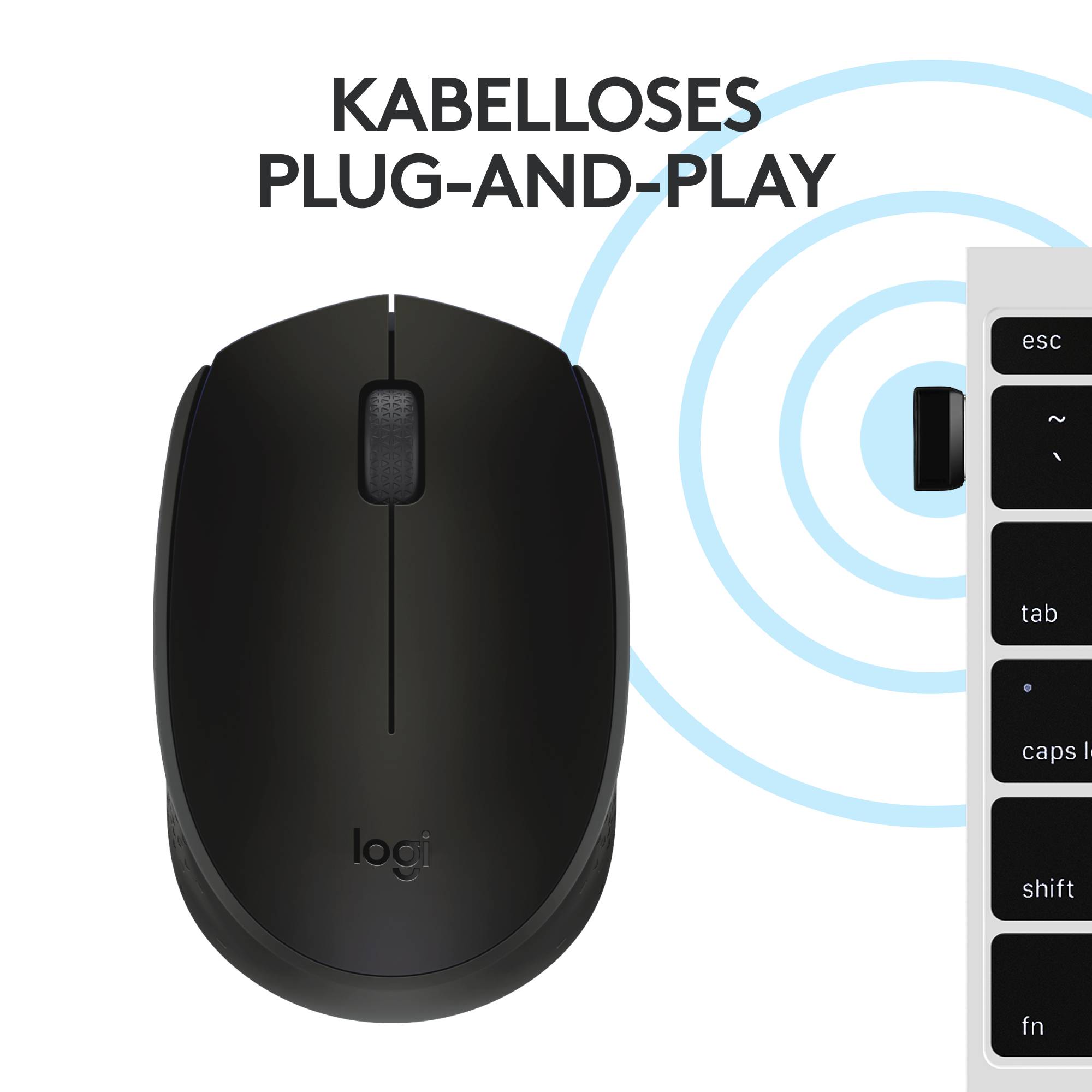 Eine kabellose Maus neben einem Laptop, begleitet durch den Text 'Kabelloses Plug-and-Play'.