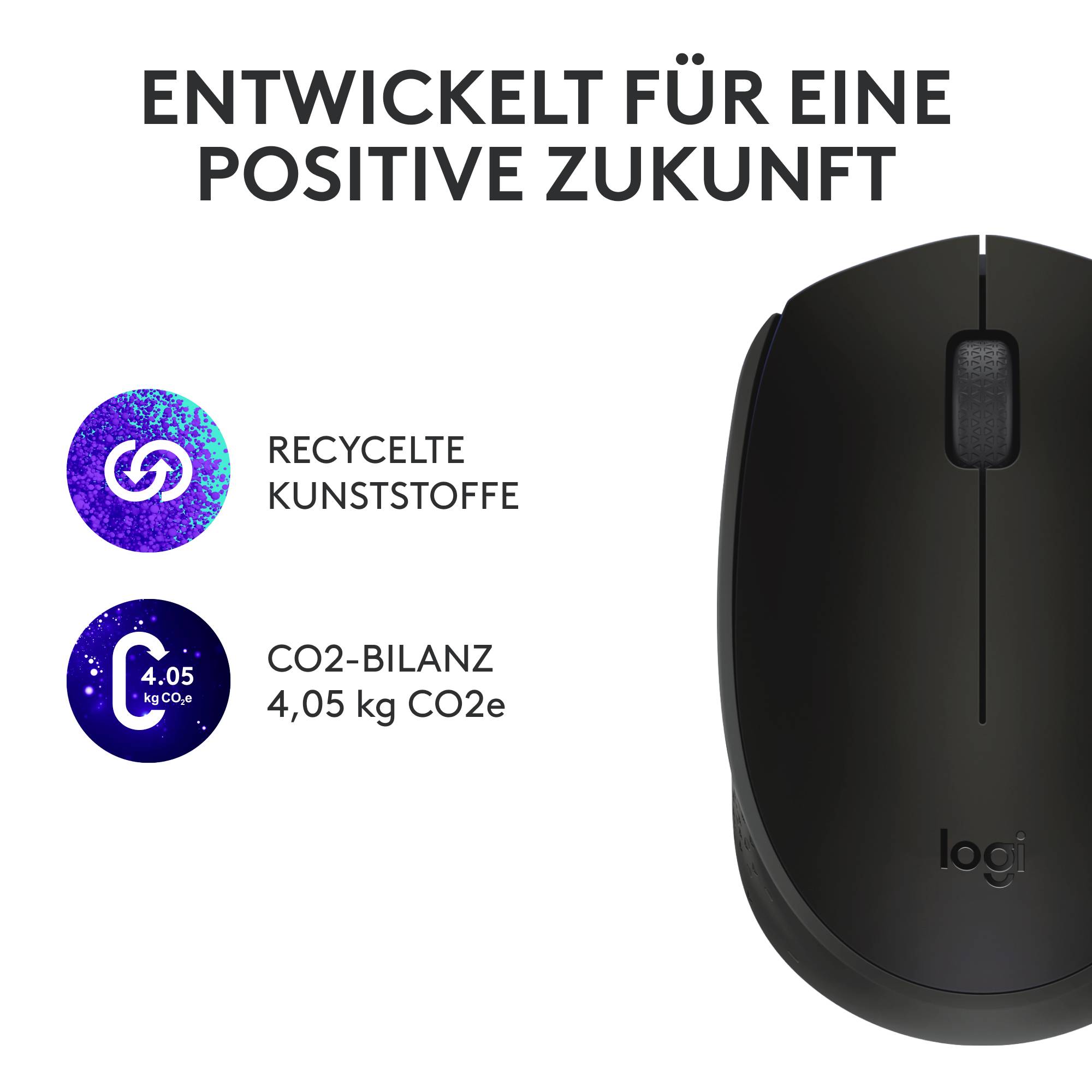 Eine schwarze Logitech-Maus mit Text 'Entwickelt für eine positive Zukunft'. Symbole zeigen recycelte Kunststoffe und CO2-Bilanz an.