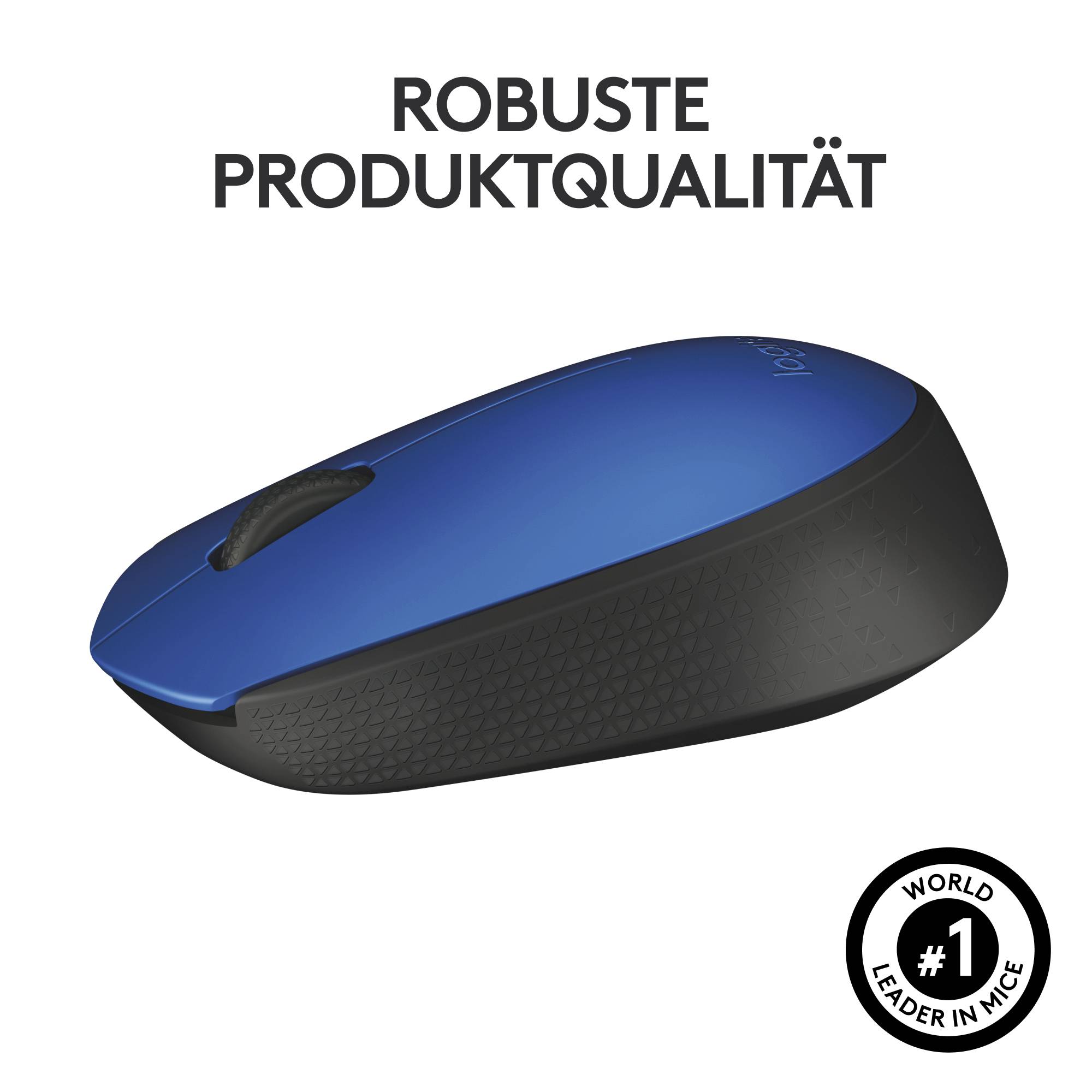 Blaue Computermaus mit schwarzem Rand, darunter Text 'Robuste Produktqualität'; abgebildetes Siegel 'World #1 Leader in Mice'.