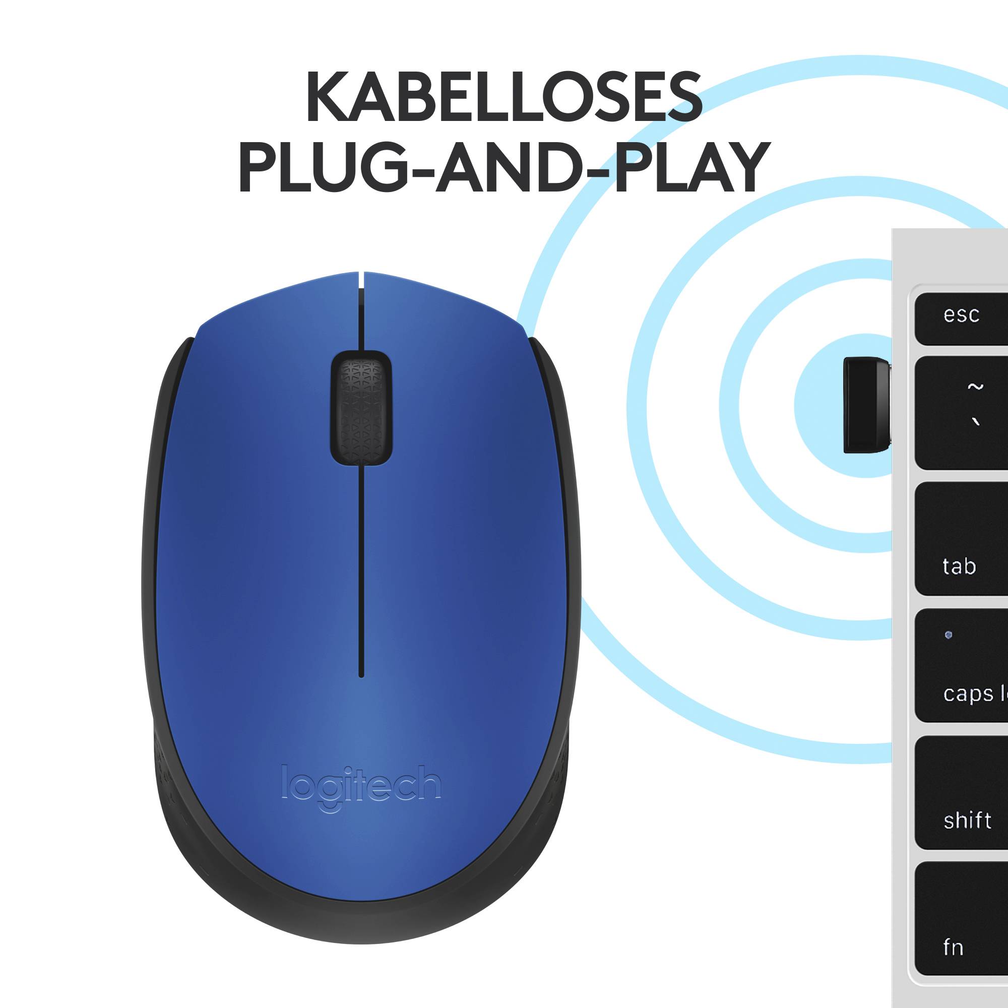 Kabellose, blaue Logitech-Maus mit Plug-and-Play-Funktion. Links text 'Kabelloses Plug-and-Play'. Im Hintergrund blaue Kreise.