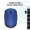Kabellose, blaue Logitech-Maus mit Plug-and-Play-Funktion. Links text 'Kabelloses Plug-and-Play'. Im Hintergrund blaue Kreise.