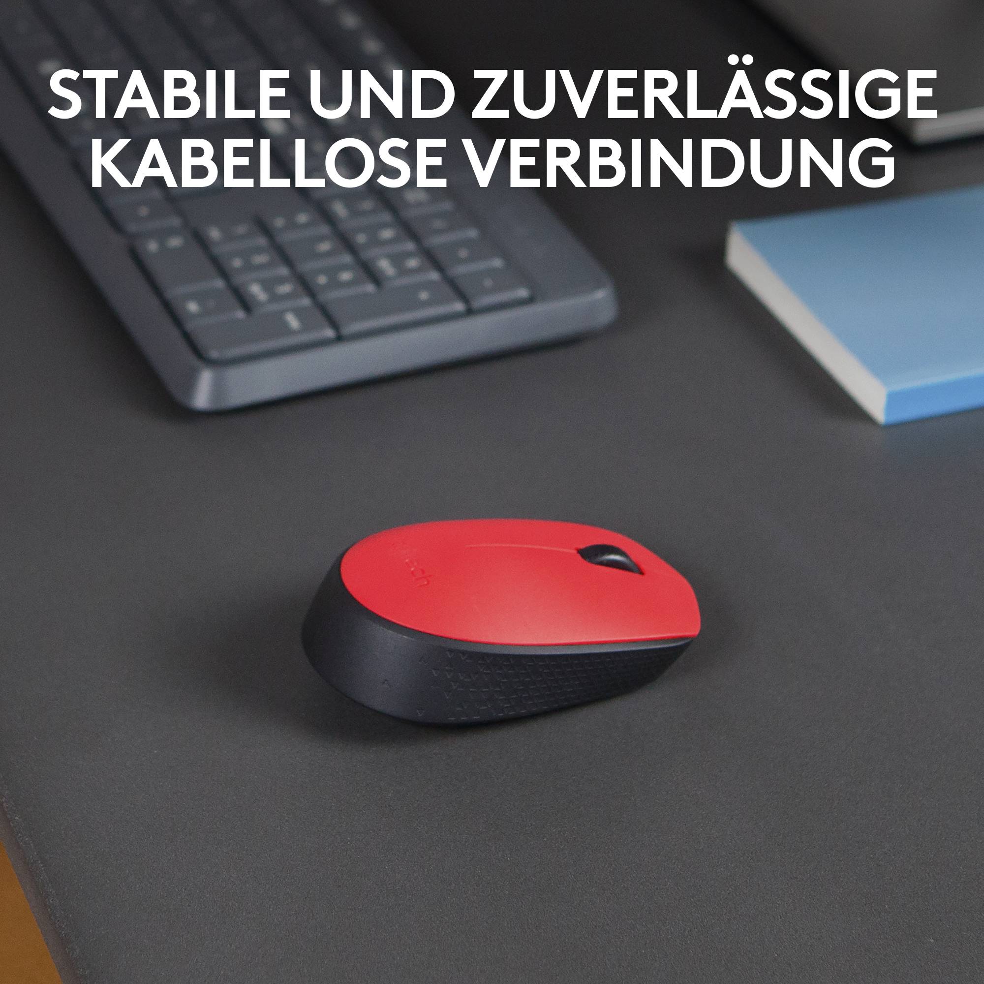 Rote kabellose Maus auf Schreibtisch neben Tastatur und Buch, mit dem Text 'Stabile und zuverlässige kabellose Verbindung'.