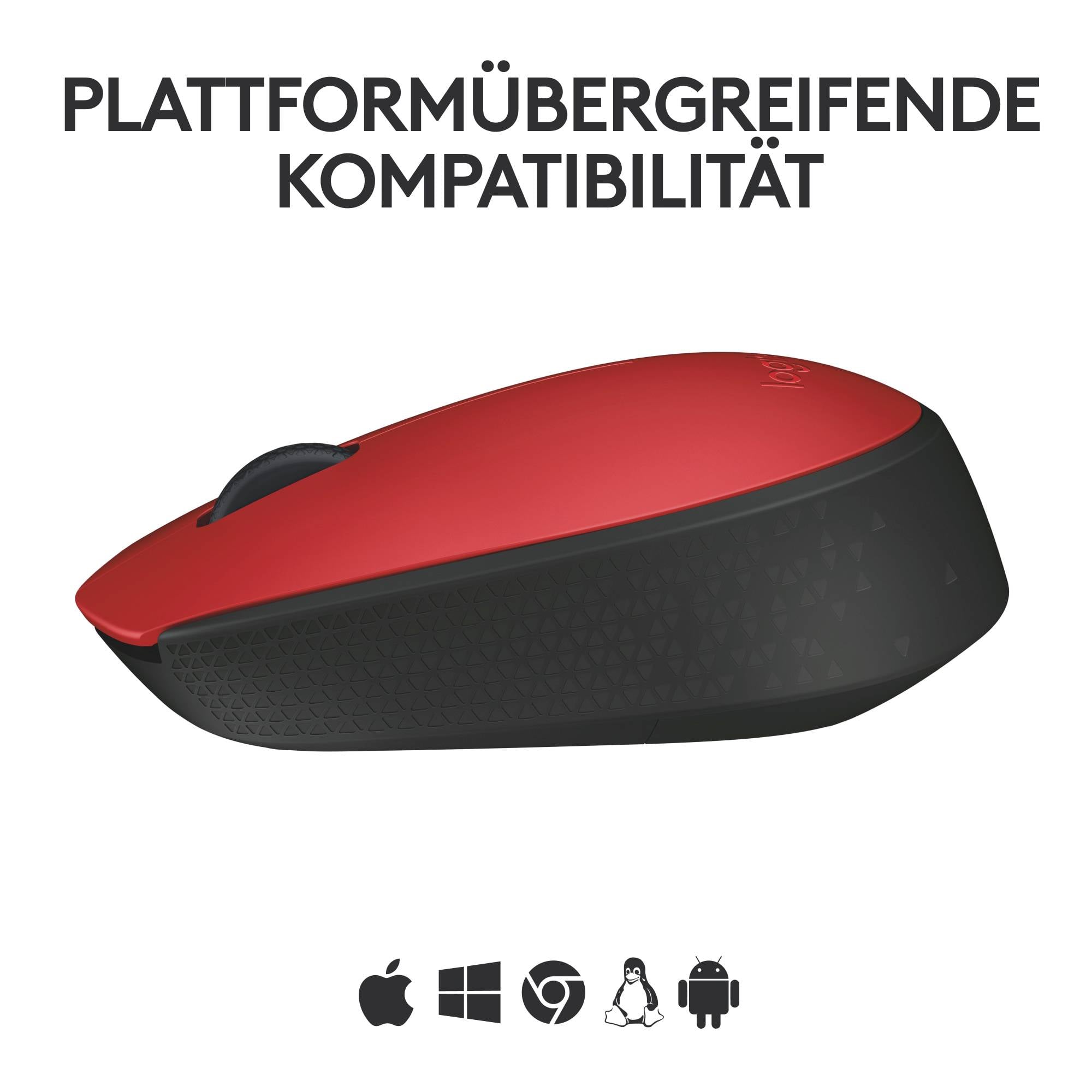 Eine rote kabellose Computermaus mit schwarzem Rand, darunter Symbole für macOS, Windows, Chrome, Android und Linux. Oben steht 'Plattformübergreifende Kompatibilität'.