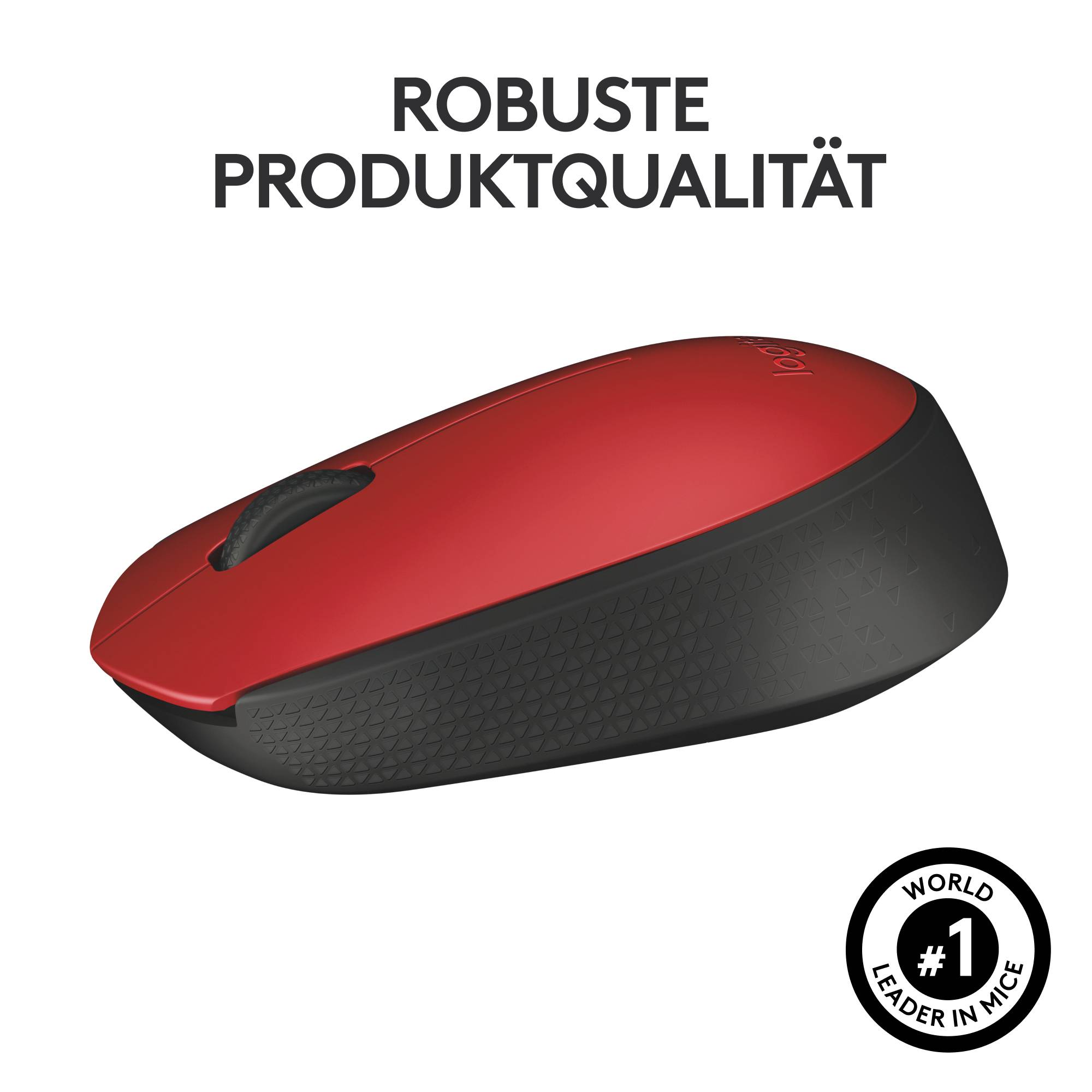 Eine rote Computermaus mit der Aufschrift 'Robuste Produktqualität' und dem Siegel '#1 World Leader in Mice'.