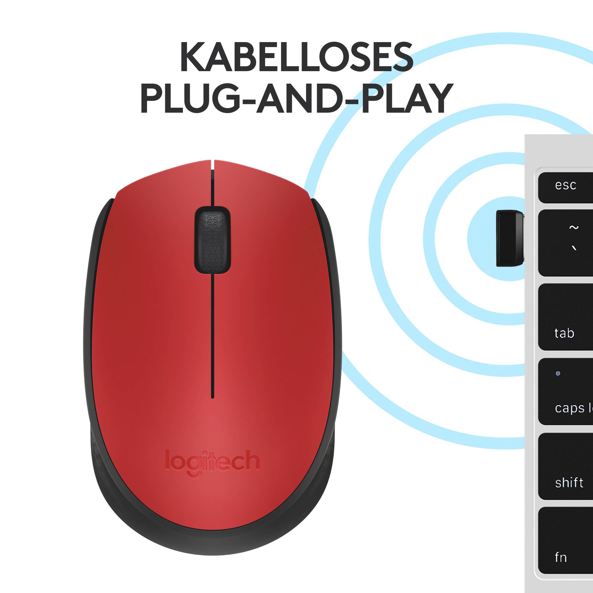 Eine rote kabellose Maus neben einem Tastaturabschnitt, mit dem Text 'Kabelloses Plug-and-Play'.