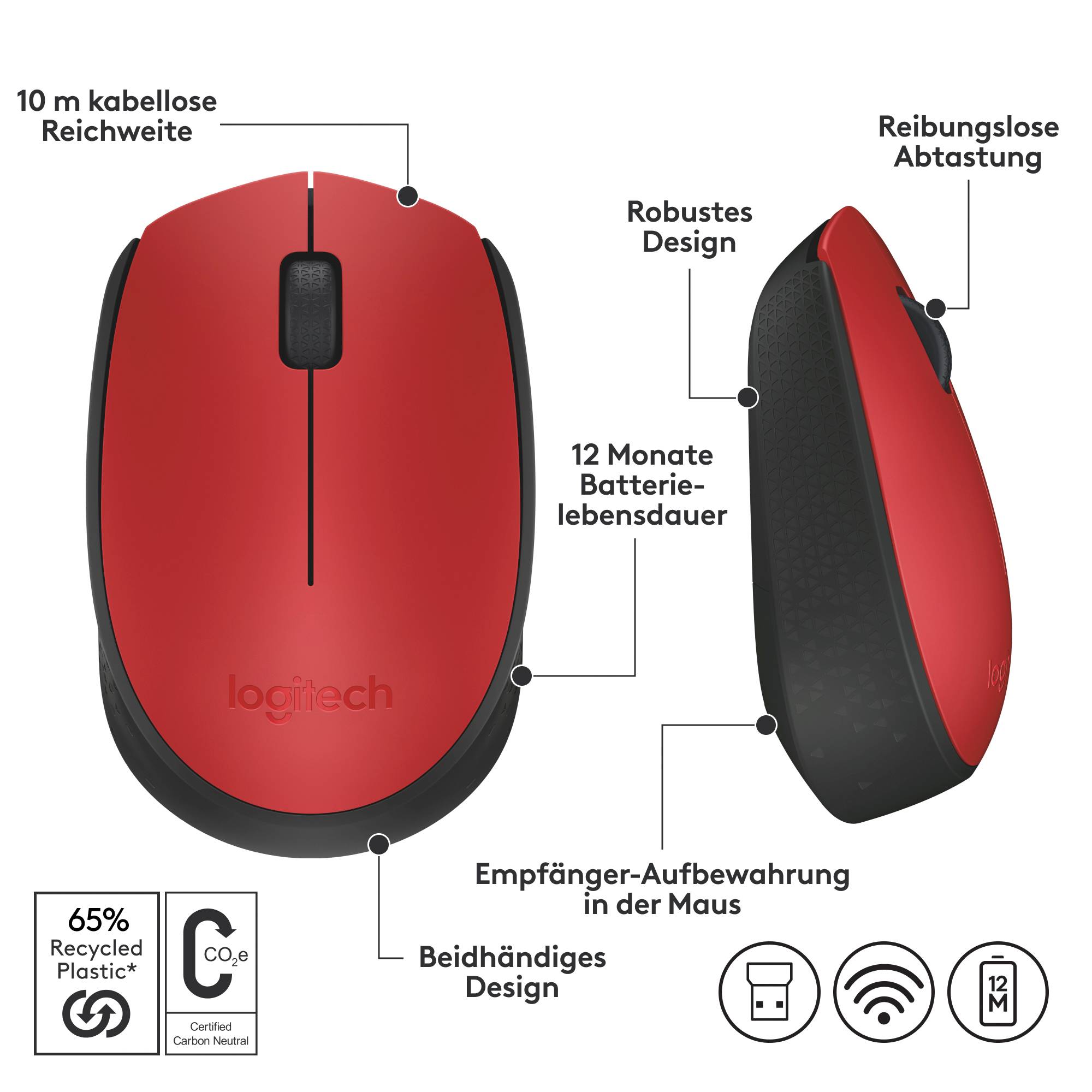 Rote Logitech-Maus mit 10 m kabelloser Reichweite, robustem Design, 12 Monate Batterielebensdauer, Empfänger-Aufbewahrung, beidhändiges Design, 65% recyceltes Material.