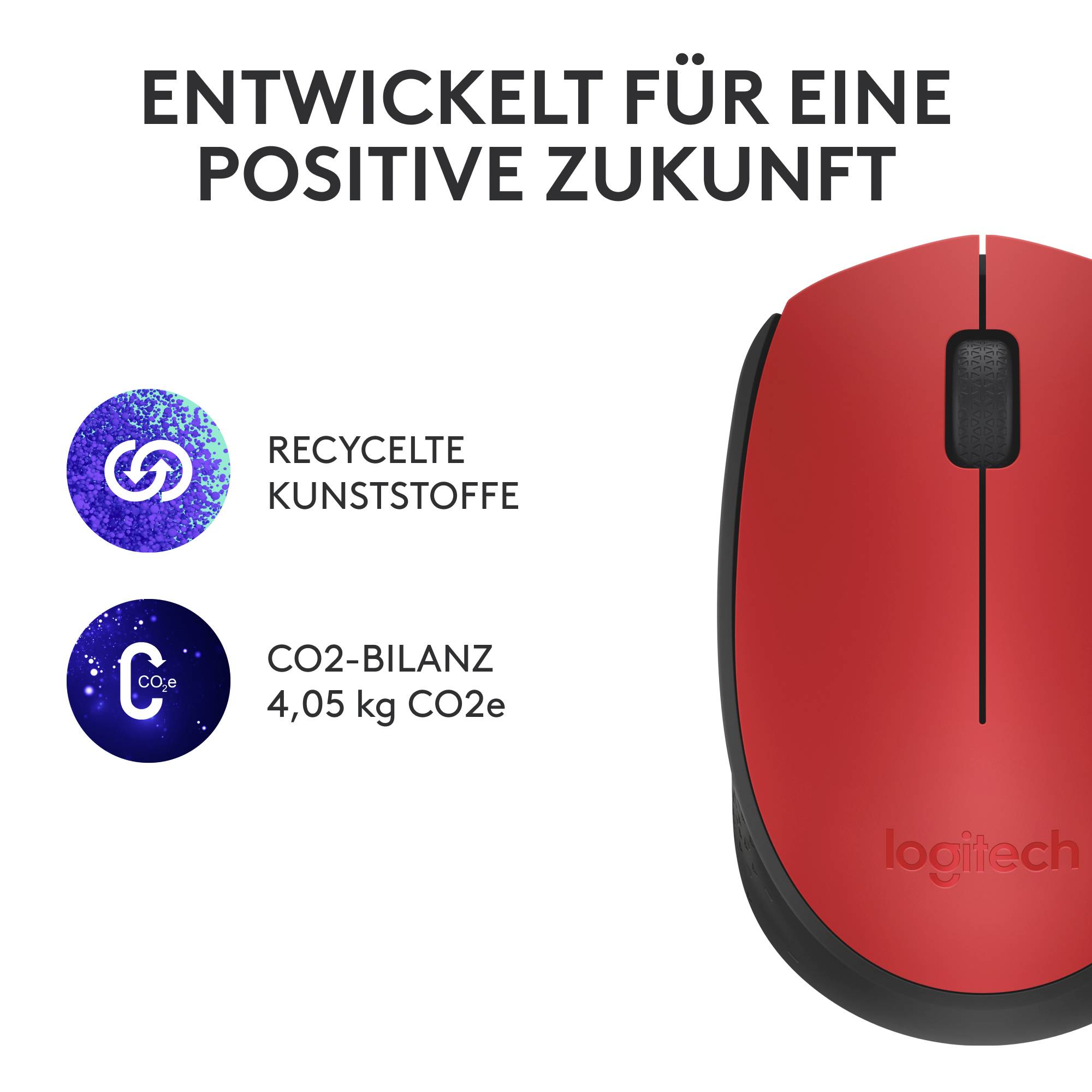 Rote Computermaus von Logitech aus recycelten Kunststoffen, CO2-Bilanz: 4,05 kg CO2e. Text: 'ENTWICKELT FÜR EINE POSITIVE ZUKUNFT'.