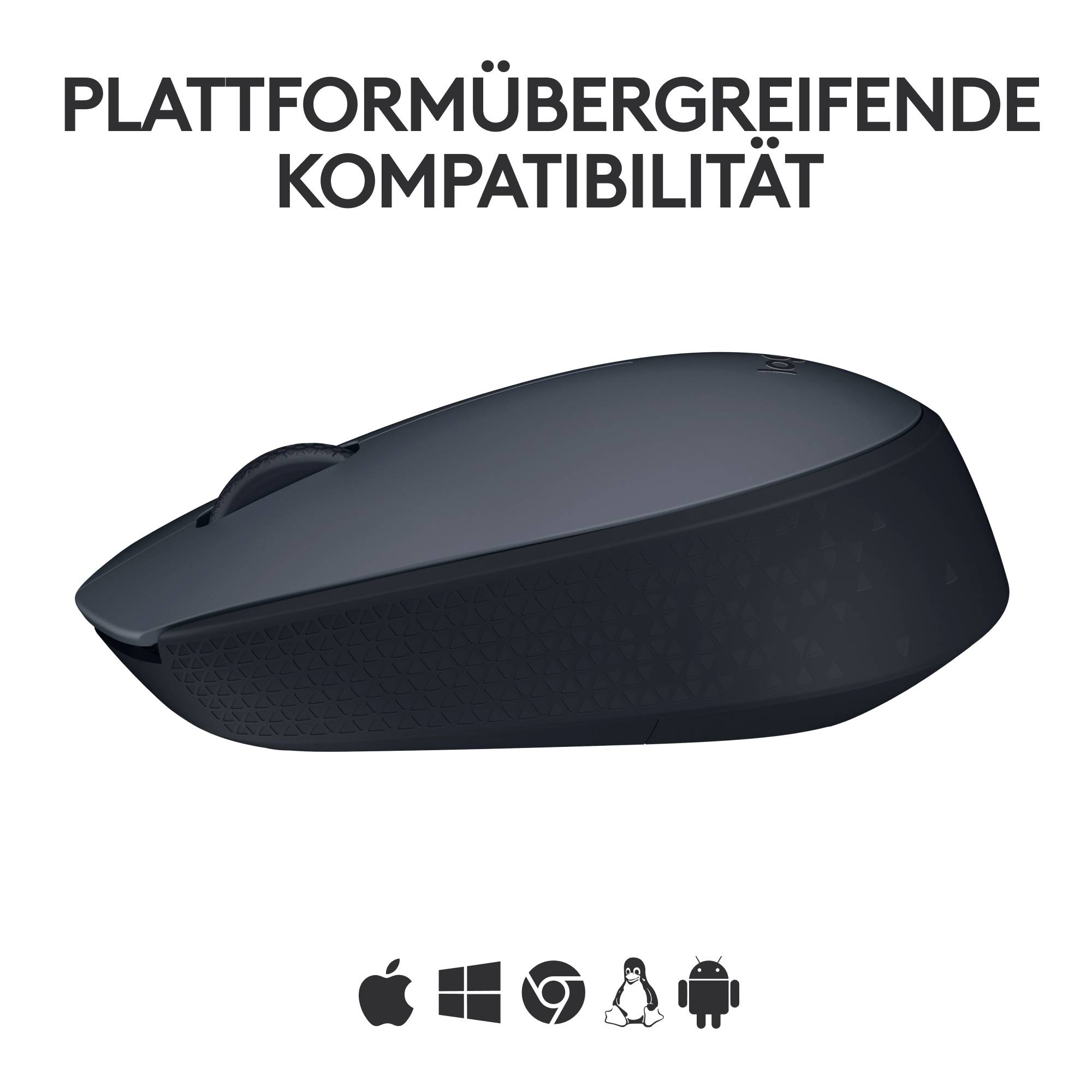 Eine schwarze Computermaus wird seitlich gezeigt. Oben steht 'Plattformübergreifende Kompatibilität'. Unten sind Logos von Apple, Windows, Chrome und Linux.