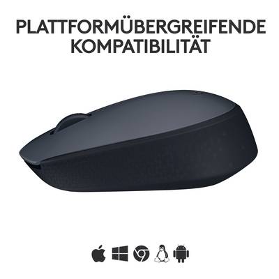 Eine schwarze Computermaus wird seitlich gezeigt. Oben steht 'Plattformübergreifende Kompatibilität'. Unten sind Logos von Apple, Windows, Chrome und Linux.
