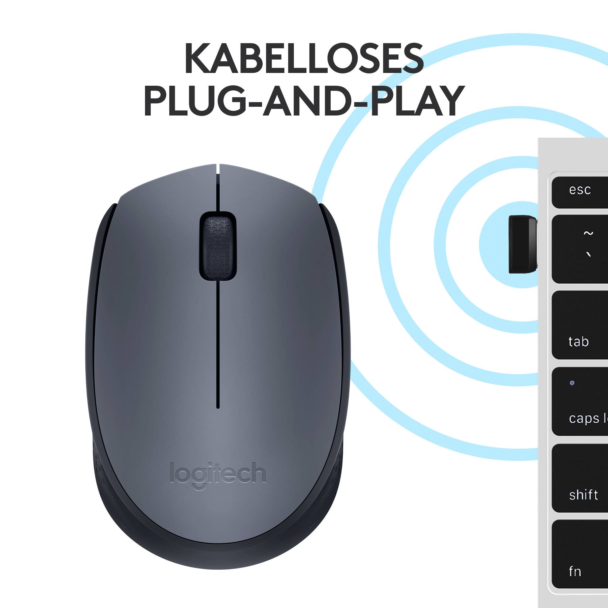 Eine graue kabellose Maus mit 'kabelloses Plug-and-Play' Schriftzug im Hintergrund. Rechts eine schwarze Tastatur.