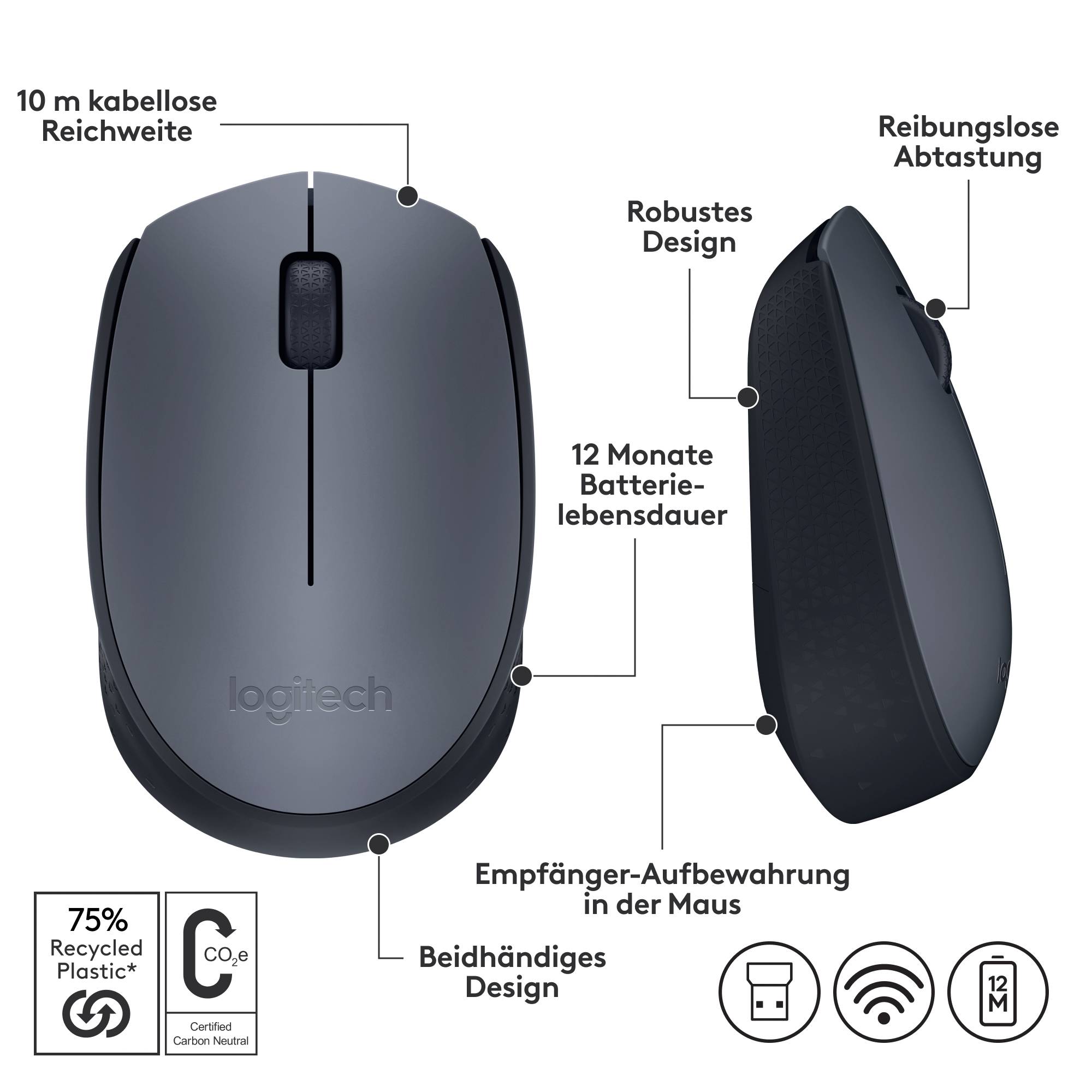 Kabellose Logitech Maus mit 10 m Reichweite, robustem Design, 12 Monate Batterielebensdauer, beidhandigem Gebrauch und integriertem Empfänger.