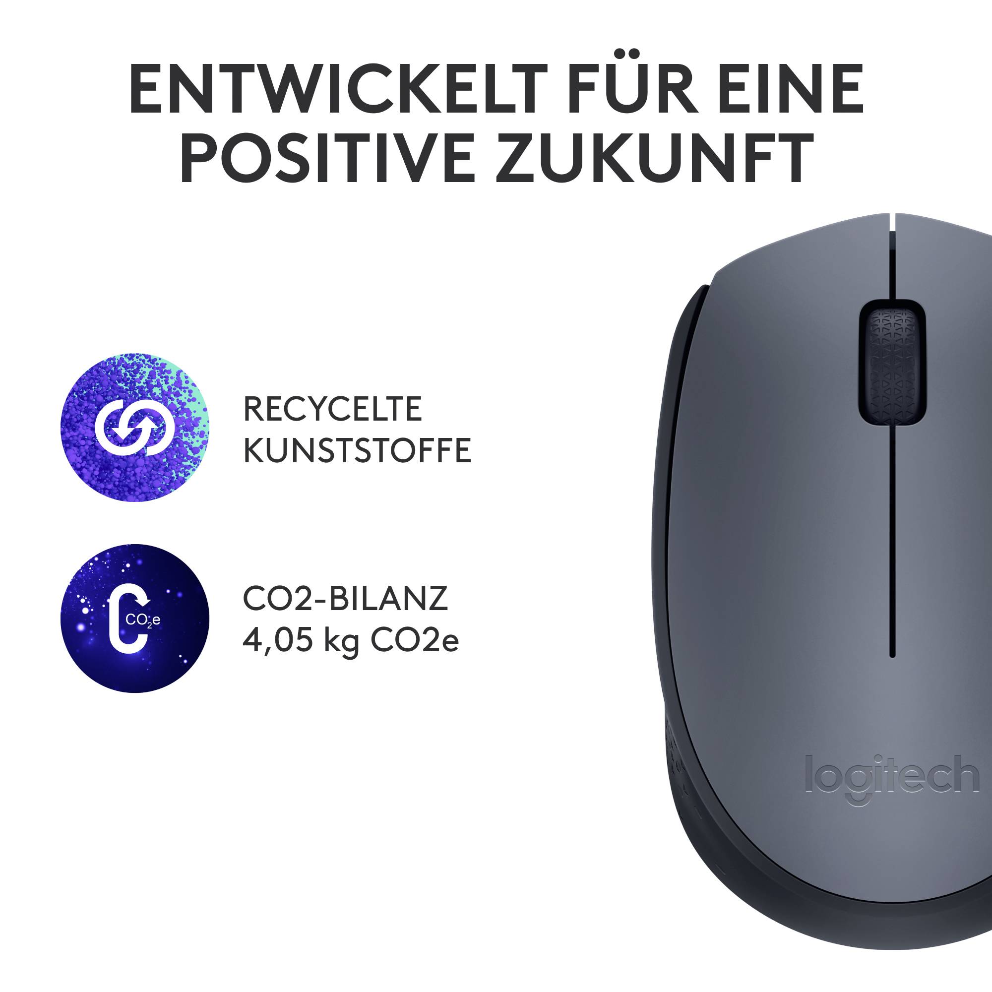 Eine Logitech-Maus mit Text 'Entwickelt für eine positive Zukunft'. Symbole für recycelte Kunststoffe und CO2-Bilanz: 4,05 kg CO2e.