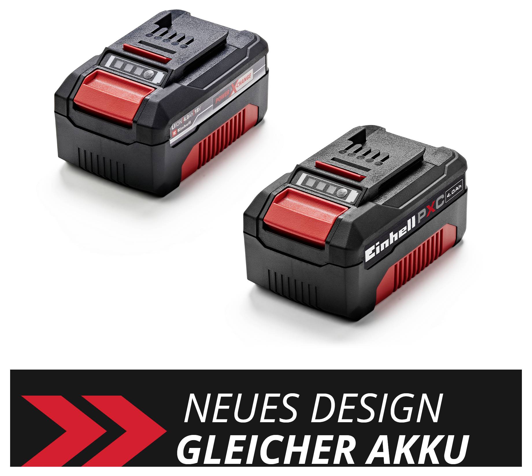 Zwei schwarze und rote Akkus mit der Aufschrift 'Einhell', darunter Text 'Neues Design, gleicher Akku', weisen auf eine Produktaktualisierung hin.