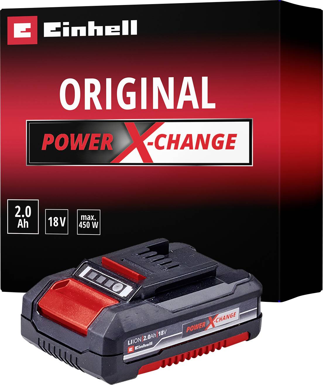 Zwei Einhell Power X-Change Akkus. Der obere hat eine Kapazität von 2,0 Ah, der untere 5,2 Ah. Beide sind schwarz mit roten Akzenten.